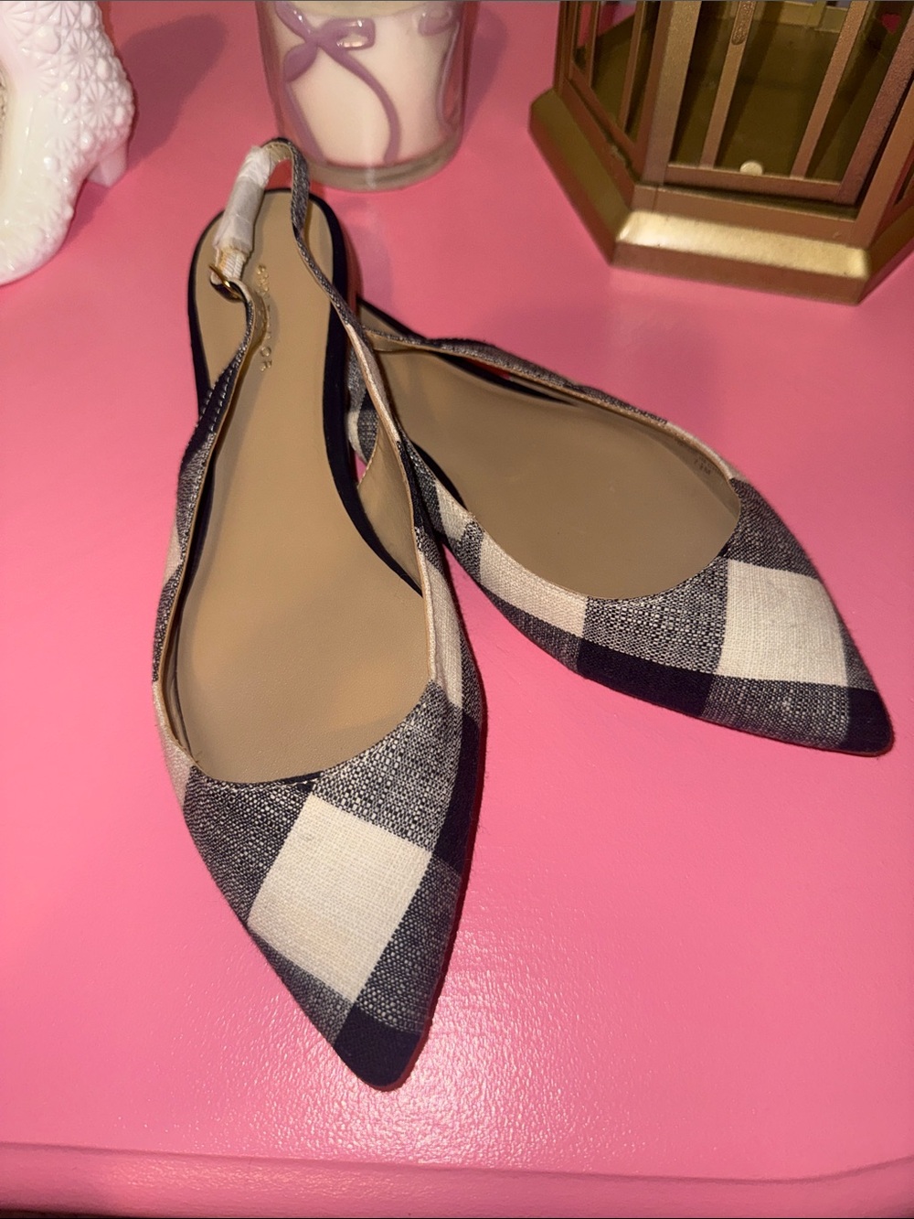 Ann Taylor Gingham Navy and Cream Pointed Slingback Flats NWOB